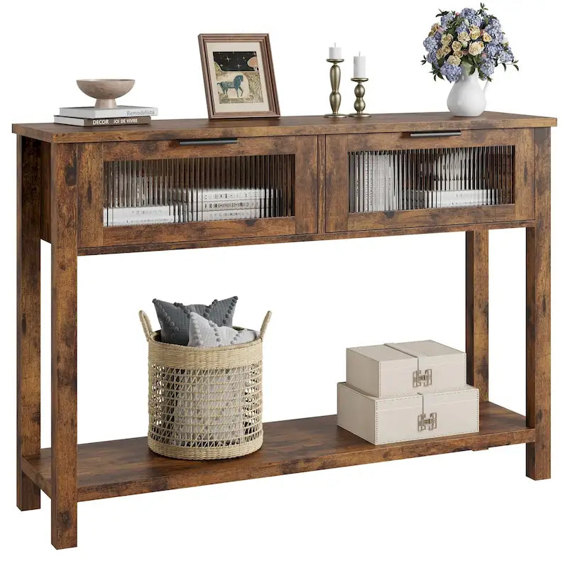 Console de ferme avec 2 tiroirs en verre et étagère pour entrée, salon