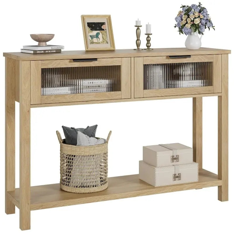 Console de ferme avec 2 tiroirs en verre et étagère pour entrée, salon