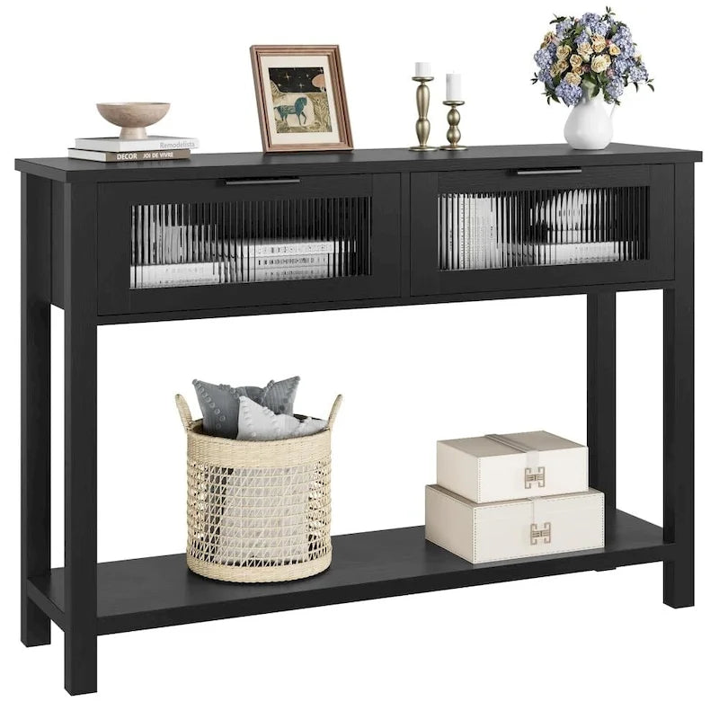 Console de ferme avec 2 tiroirs en verre et étagère pour entrée, salon