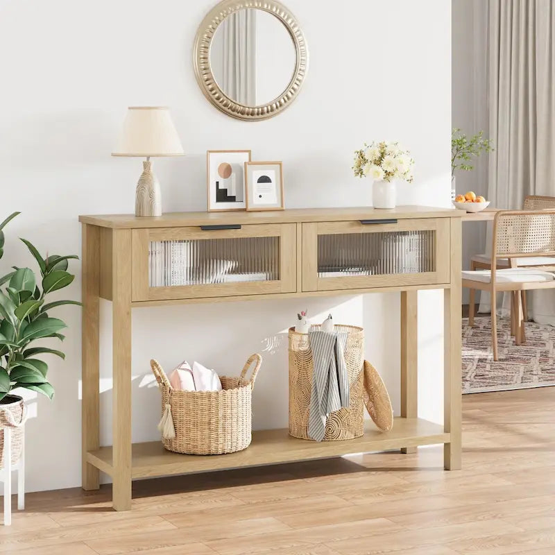 Console de ferme avec 2 tiroirs en verre et étagère pour entrée, salon