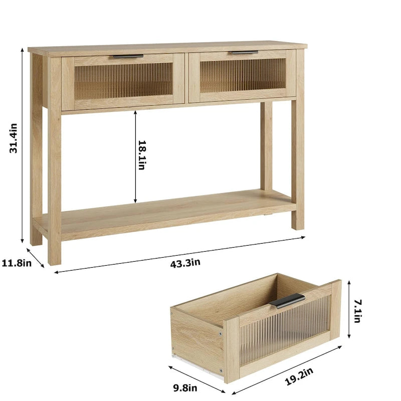 Console de ferme avec 2 tiroirs en verre et étagère pour entrée, salon