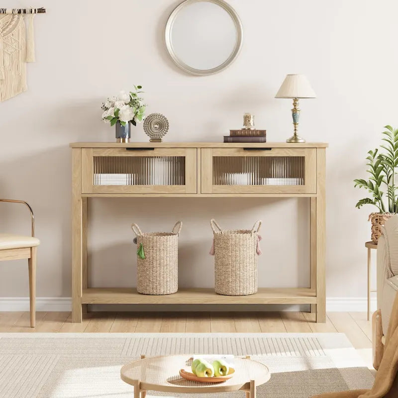 Console de ferme avec 2 tiroirs en verre et étagère pour entrée, salon