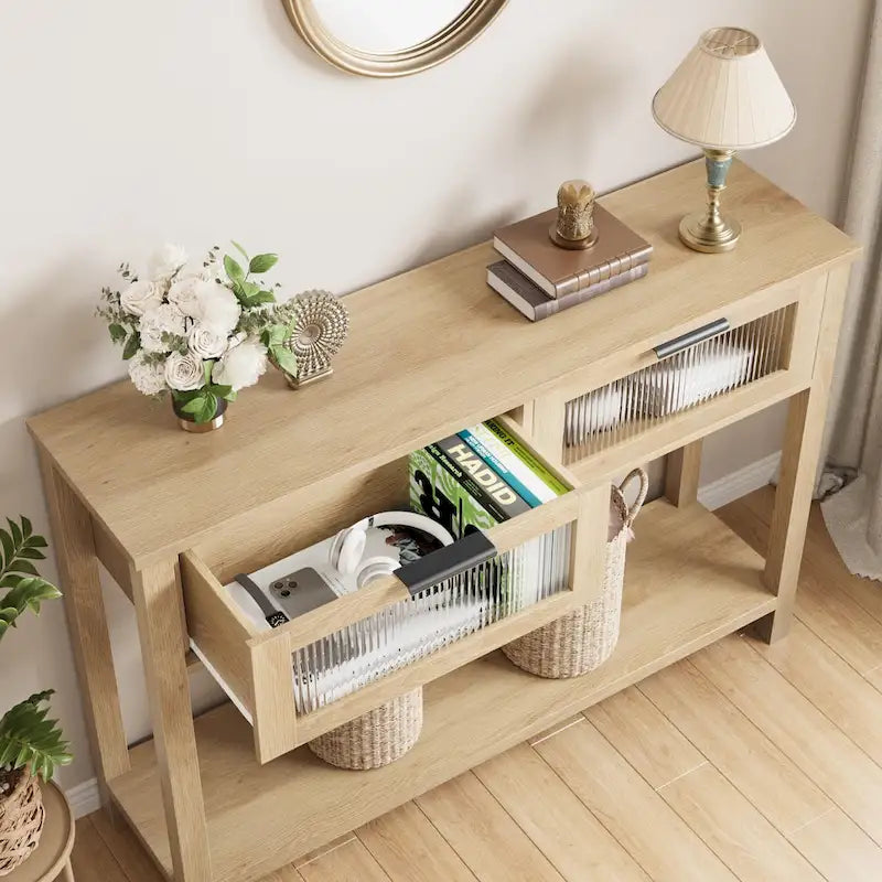 Console de ferme avec 2 tiroirs en verre et étagère pour entrée, salon