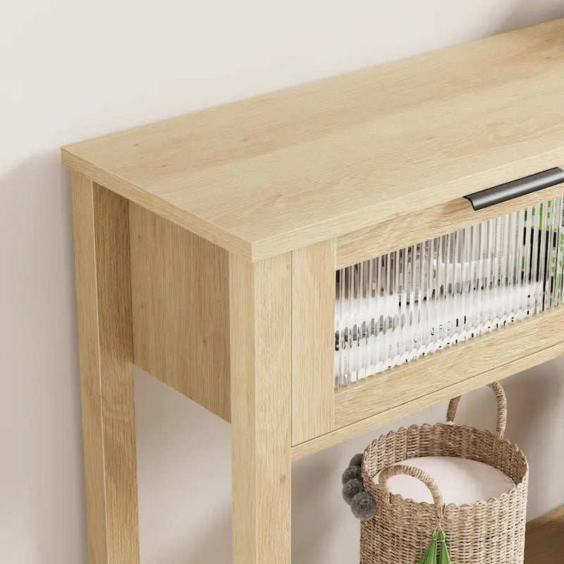 Console de ferme avec 2 tiroirs en verre et étagère pour entrée, salon
