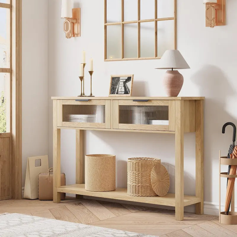 Console de ferme avec 2 tiroirs en verre et étagère pour entrée, salon