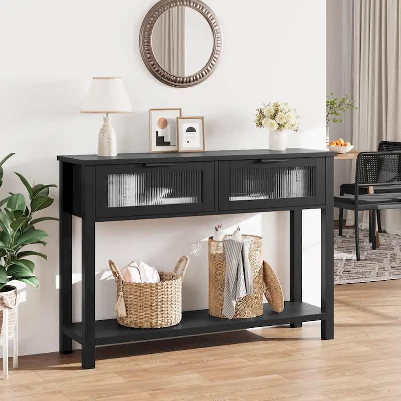 Console de ferme avec 2 tiroirs en verre et étagère pour entrée, salon