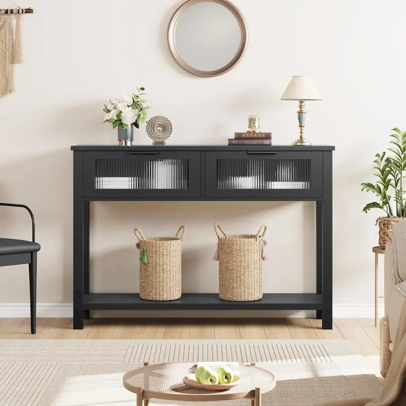 Console de ferme avec 2 tiroirs en verre et étagère pour entrée, salon