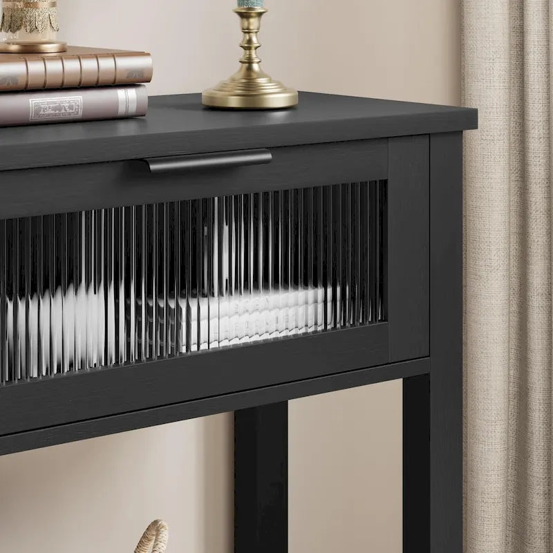 Console de ferme avec 2 tiroirs en verre et étagère pour entrée, salon
