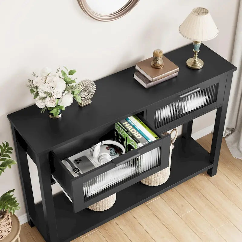 Console de ferme avec 2 tiroirs en verre et étagère pour entrée, salon