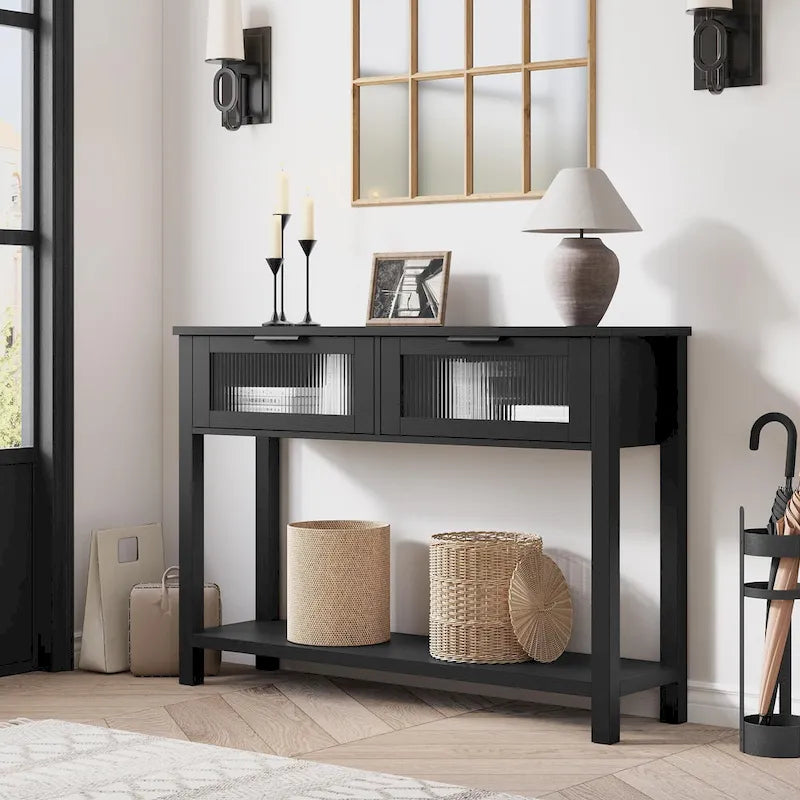 Console de ferme avec 2 tiroirs en verre et étagère pour entrée, salon