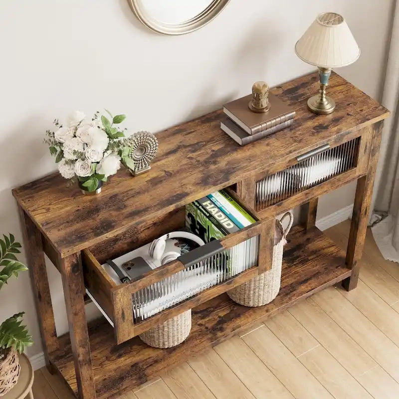 Console de ferme avec 2 tiroirs en verre et étagère pour entrée, salon
