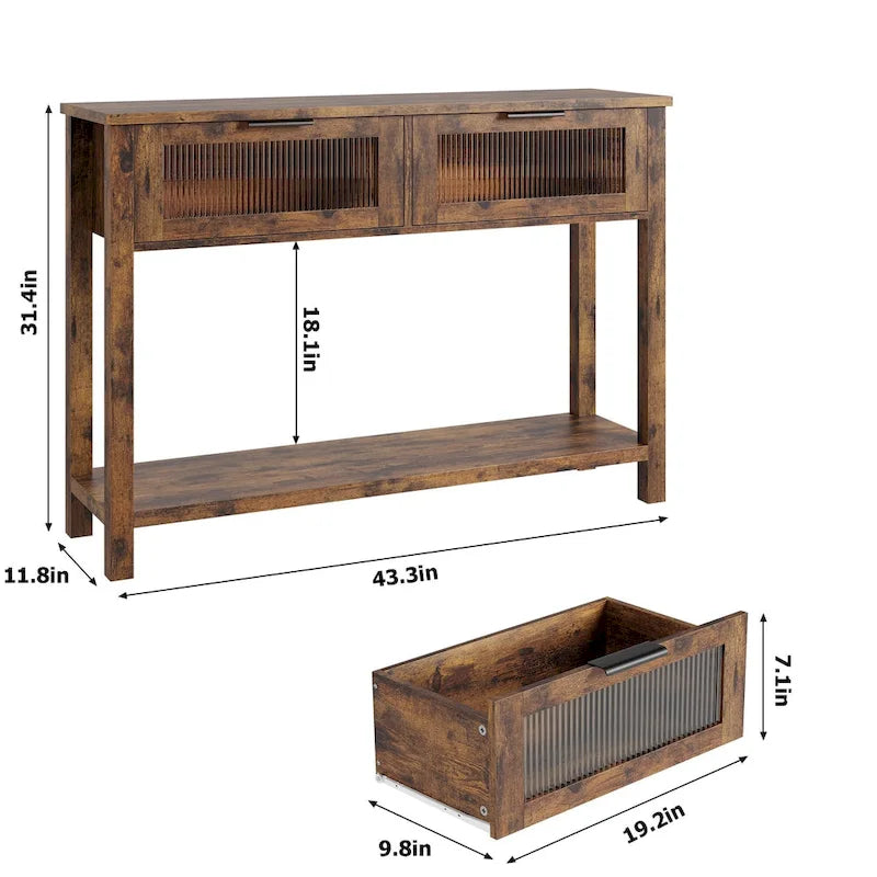 Console de ferme avec 2 tiroirs en verre et étagère pour entrée, salon