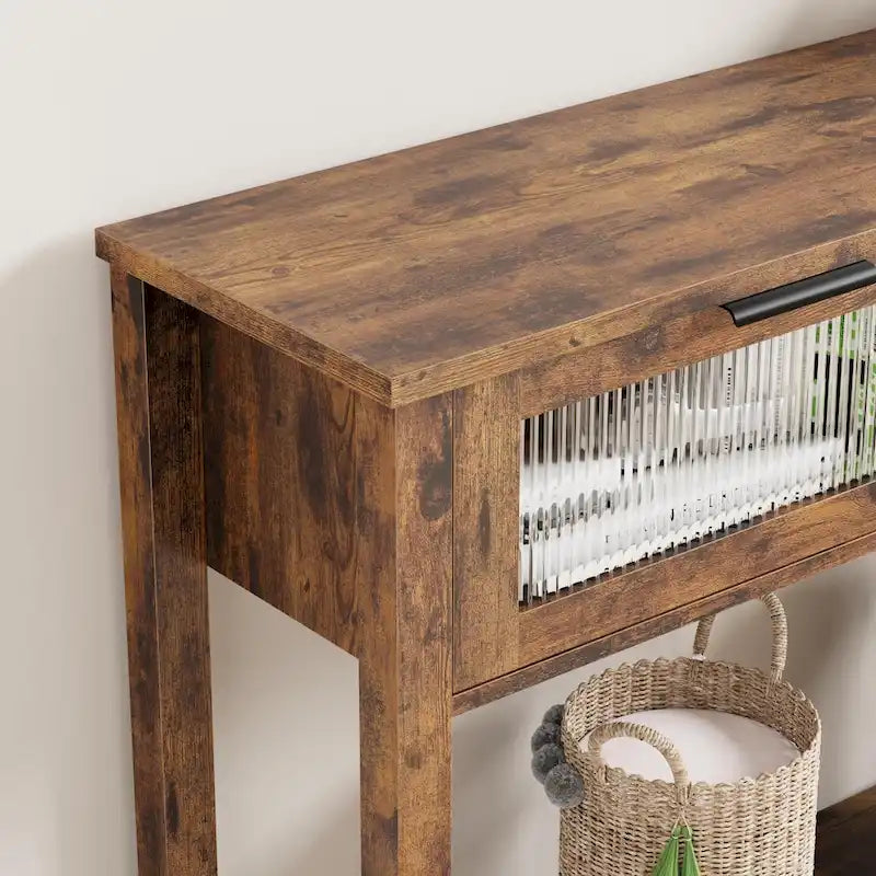 Console de ferme avec 2 tiroirs en verre et étagère pour entrée, salon