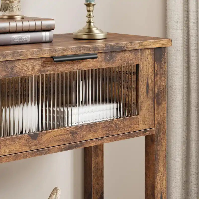 Console de ferme avec 2 tiroirs en verre et étagère pour entrée, salon
