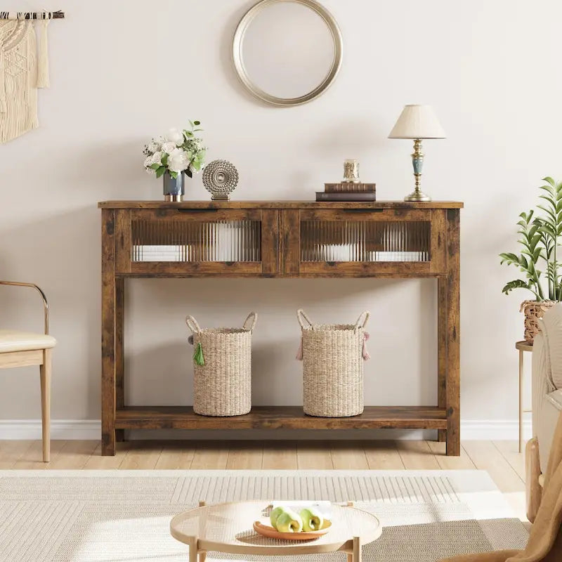 Console de ferme avec 2 tiroirs en verre et étagère pour entrée, salon