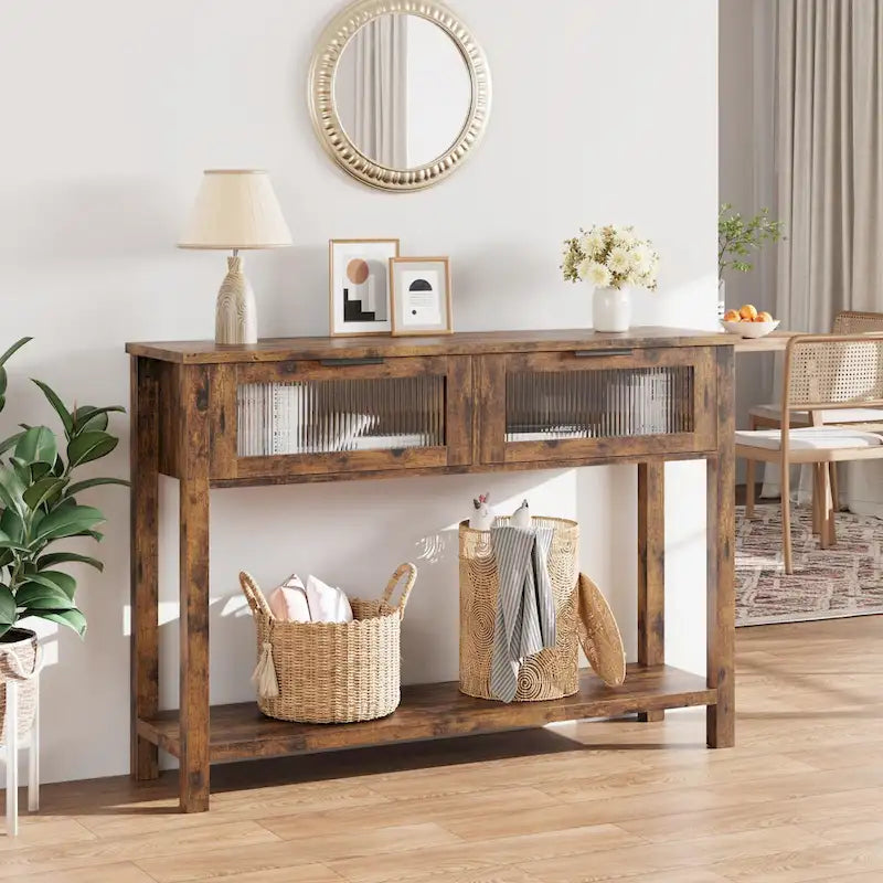Console de ferme avec 2 tiroirs en verre et étagère pour entrée, salon