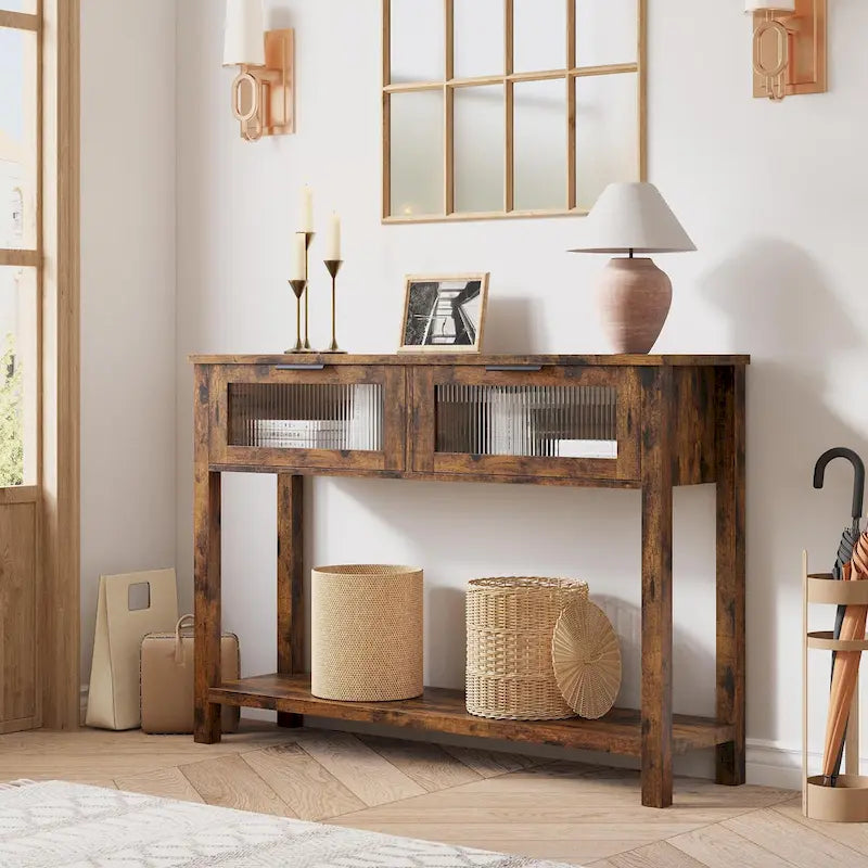 Console de ferme avec 2 tiroirs en verre et étagère pour entrée, salon