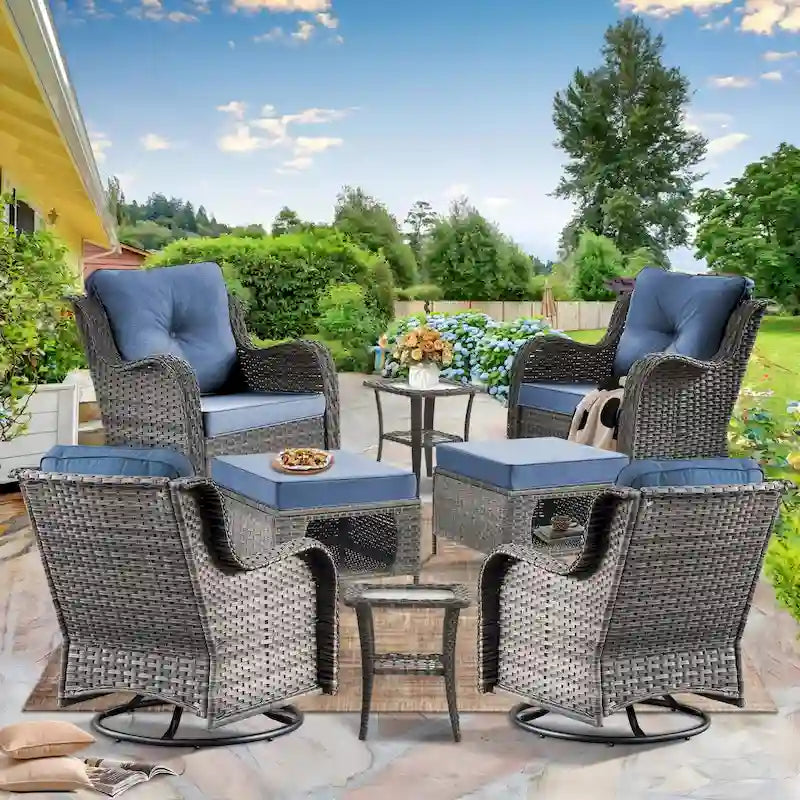 Salon de jardin en osier 8 pièces avec fauteuil pivotant et pouf de jardin