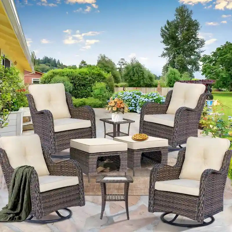 Salon de jardin en osier 8 pièces avec fauteuil pivotant et pouf de jardin
