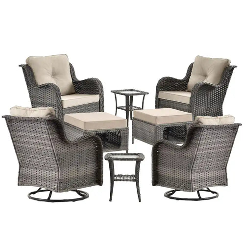 Salon de jardin en osier 8 pièces avec fauteuil pivotant et pouf de jardin