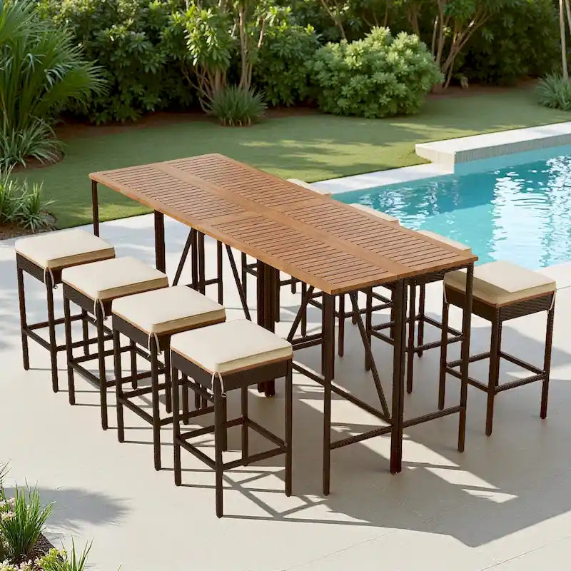 Ensemble repas d'extérieur 10 pièces pliable hauteur comptoir avec 8 tabourets rembourrés, 2 tables pliables en bois d'acacia