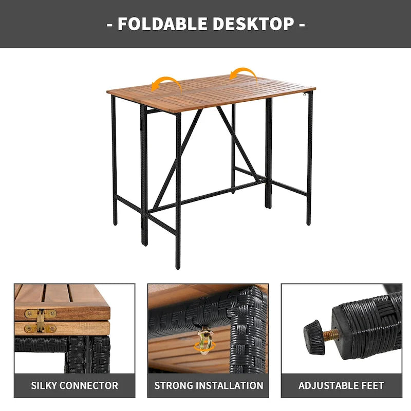 Ensemble repas d'extérieur 10 pièces pliable hauteur comptoir avec 8 tabourets rembourrés, 2 tables pliables en bois d'acacia