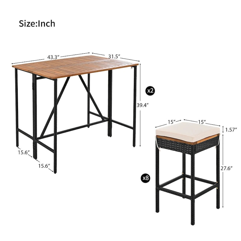 Ensemble repas d'extérieur 10 pièces pliable hauteur comptoir avec 8 tabourets rembourrés, 2 tables pliables en bois d'acacia
