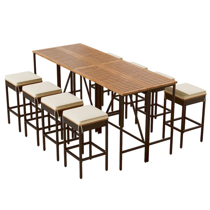 Ensemble repas d'extérieur 10 pièces pliable hauteur comptoir avec 8 tabourets rembourrés, 2 tables pliables en bois d'acacia
