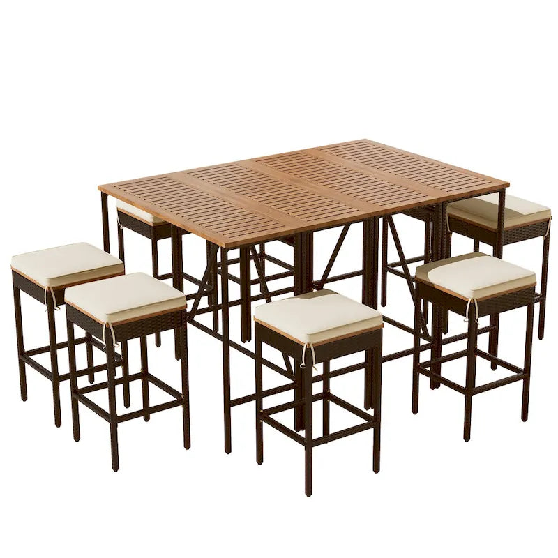 Ensemble repas d'extérieur 10 pièces pliable hauteur comptoir avec 8 tabourets rembourrés, 2 tables pliables en bois d'acacia