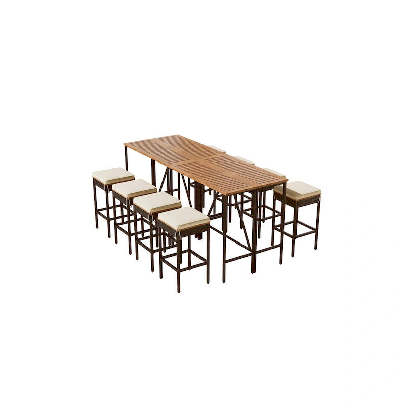 Ensemble repas d'extérieur 10 pièces pliable hauteur comptoir avec 8 tabourets rembourrés, 2 tables pliables en bois d'acacia