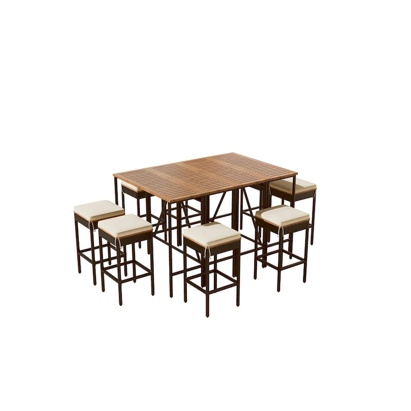Ensemble repas d'extérieur 10 pièces pliable hauteur comptoir avec 8 tabourets rembourrés, 2 tables pliables en bois d'acacia