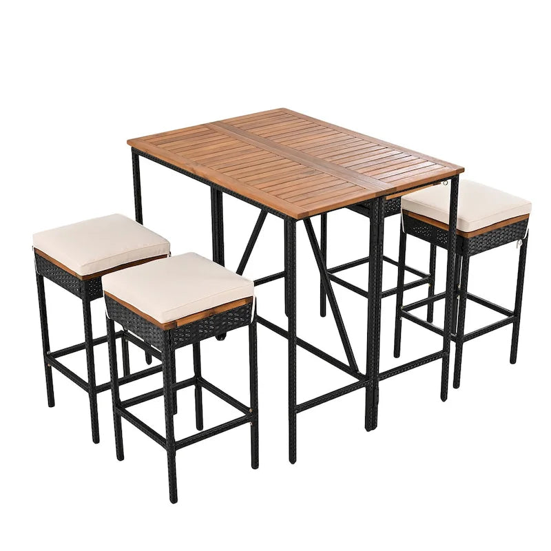 Ensemble repas d'extérieur 10 pièces pliable hauteur comptoir avec 8 tabourets rembourrés, 2 tables pliables en bois d'acacia