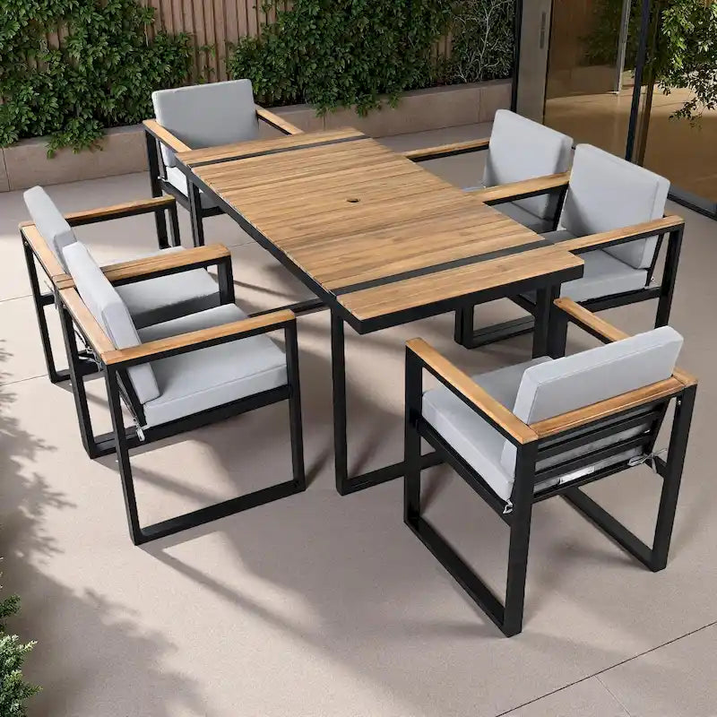 Ensemble de salle à manger d'extérieur en acier 7 pièces avec trou pour parasol et 6 fauteuils rembourrés