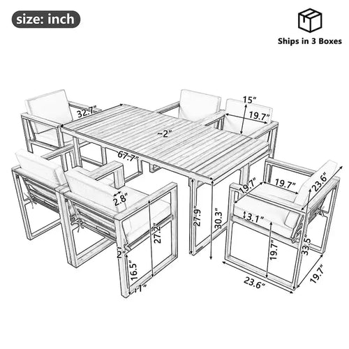 Ensemble de salle à manger d'extérieur en acier 7 pièces avec trou pour parasol et 6 fauteuils rembourrés