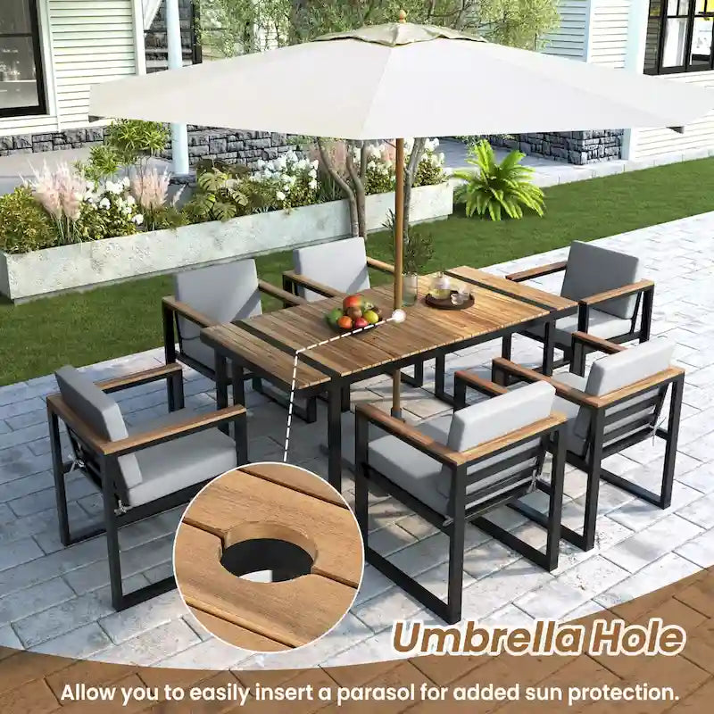 Ensemble de salle à manger d'extérieur en acier 7 pièces avec trou pour parasol et 6 fauteuils rembourrés