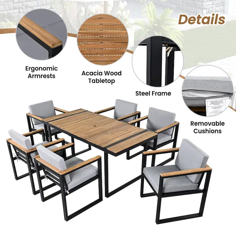 Ensemble de salle à manger d'extérieur en acier 7 pièces avec trou pour parasol et 6 fauteuils rembourrés