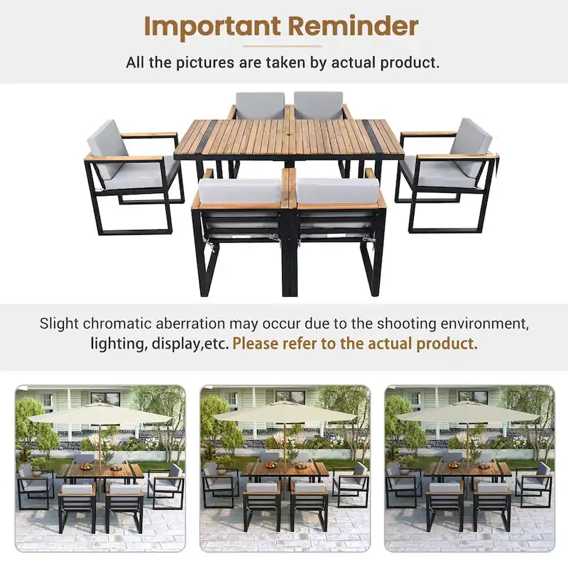 Ensemble de salle à manger d'extérieur en acier 7 pièces avec trou pour parasol et 6 fauteuils rembourrés