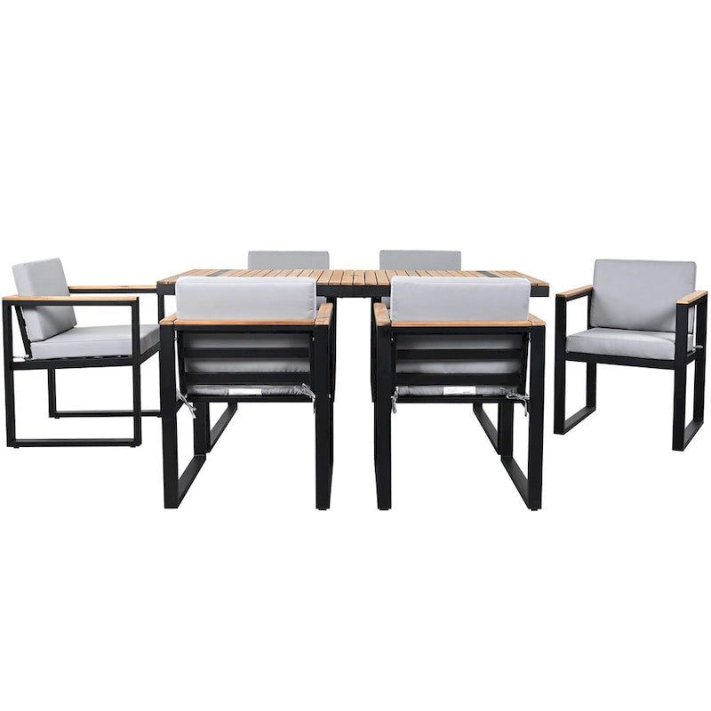 Ensemble de salle à manger d'extérieur en acier 7 pièces avec trou pour parasol et 6 fauteuils rembourrés