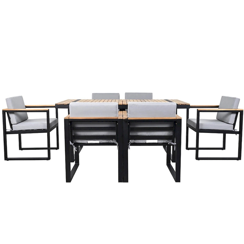 Ensemble de salle à manger d'extérieur en acier 7 pièces avec trou pour parasol et 6 fauteuils rembourrés