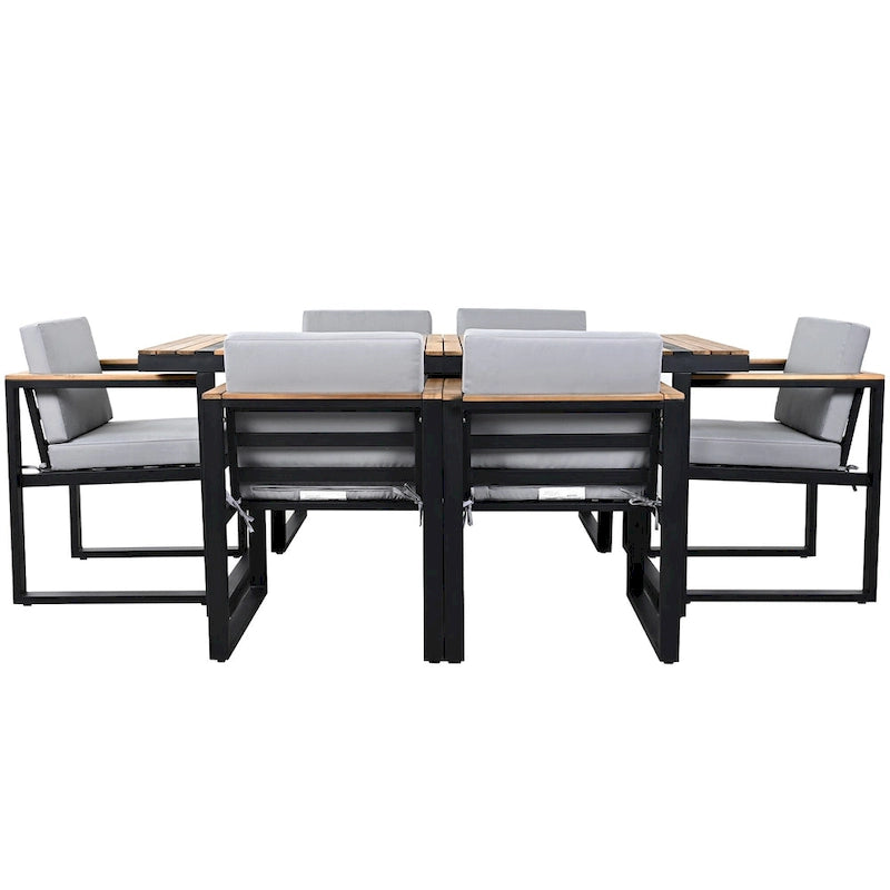 Ensemble de salle à manger d'extérieur en acier 7 pièces avec trou pour parasol et 6 fauteuils rembourrés