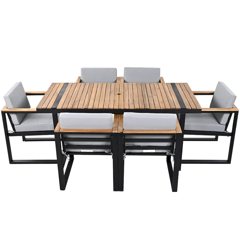 Ensemble de salle à manger d'extérieur en acier 7 pièces avec trou pour parasol et 6 fauteuils rembourrés