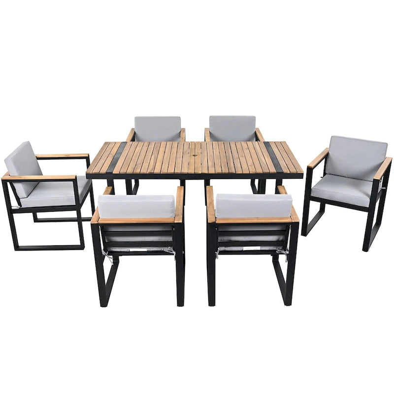 Ensemble de salle à manger d'extérieur en acier 7 pièces avec trou pour parasol et 6 fauteuils rembourrés