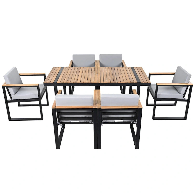 Ensemble de salle à manger d'extérieur en acier 7 pièces avec trou pour parasol et 6 fauteuils rembourrés