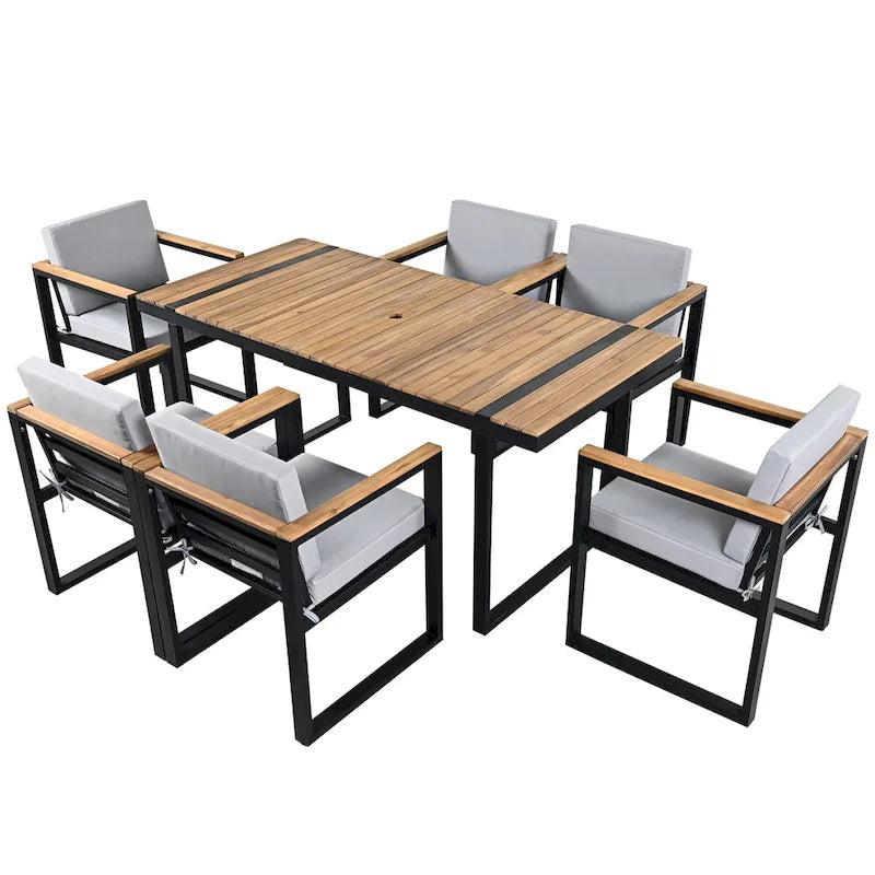 Ensemble de salle à manger d'extérieur en acier 7 pièces avec trou pour parasol et 6 fauteuils rembourrés