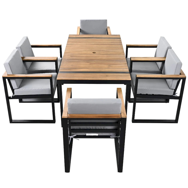 Ensemble de salle à manger d'extérieur en acier 7 pièces avec trou pour parasol et 6 fauteuils rembourrés