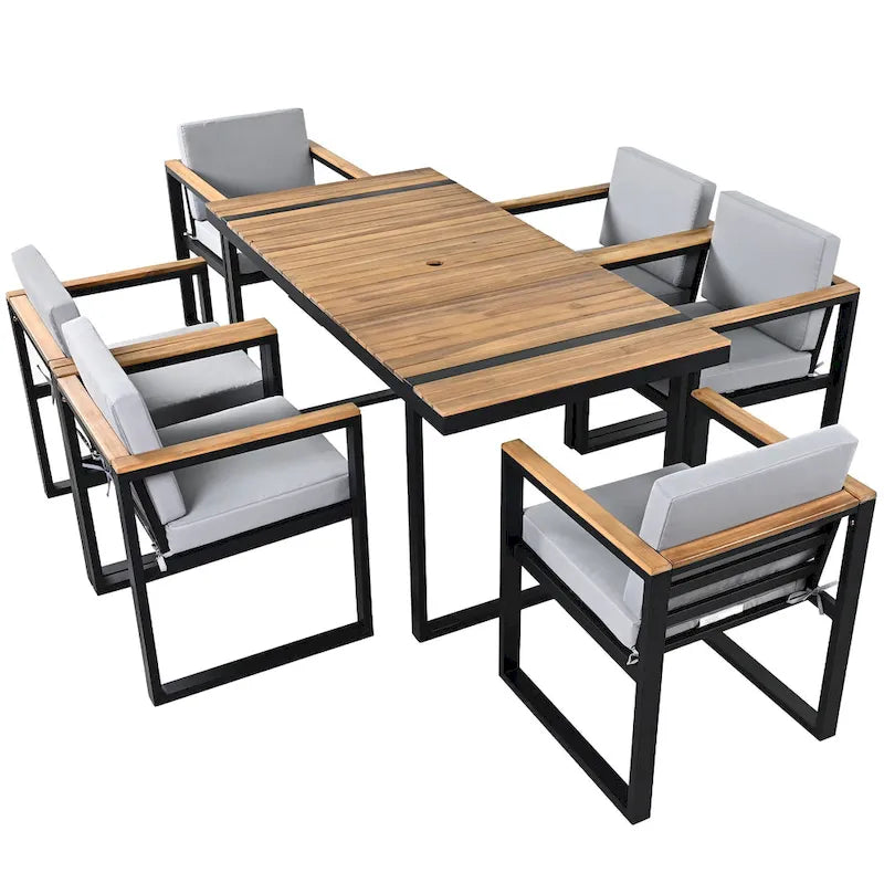 Ensemble de salle à manger d'extérieur en acier 7 pièces avec trou pour parasol et 6 fauteuils rembourrés