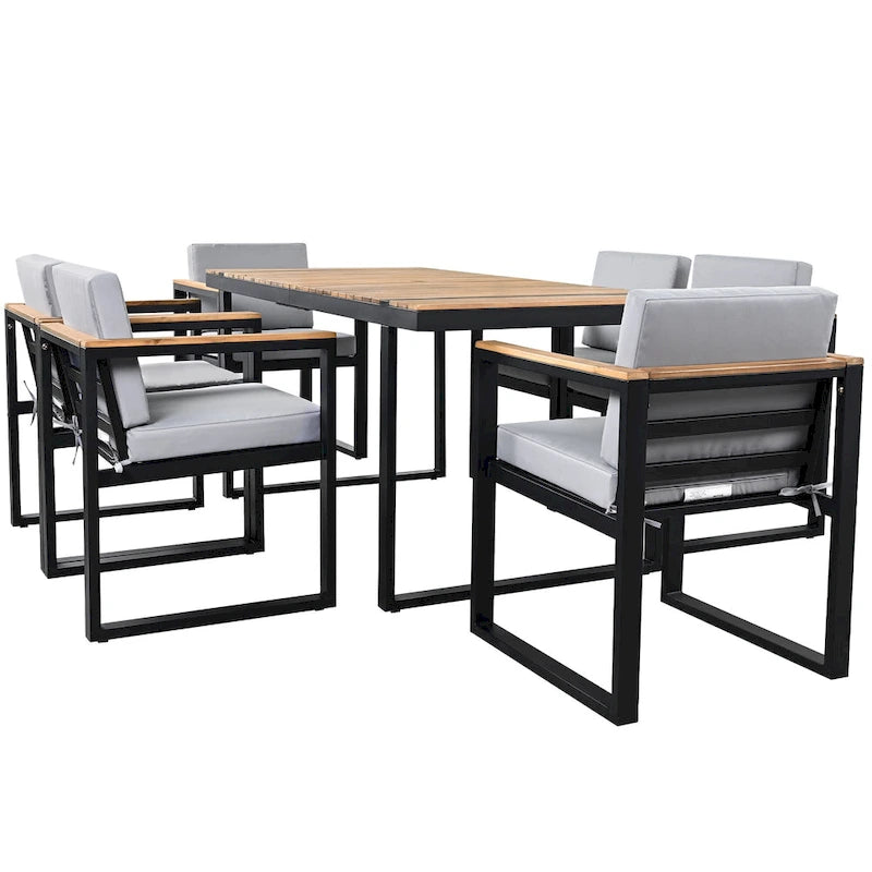 Ensemble de salle à manger d'extérieur en acier 7 pièces avec trou pour parasol et 6 fauteuils rembourrés