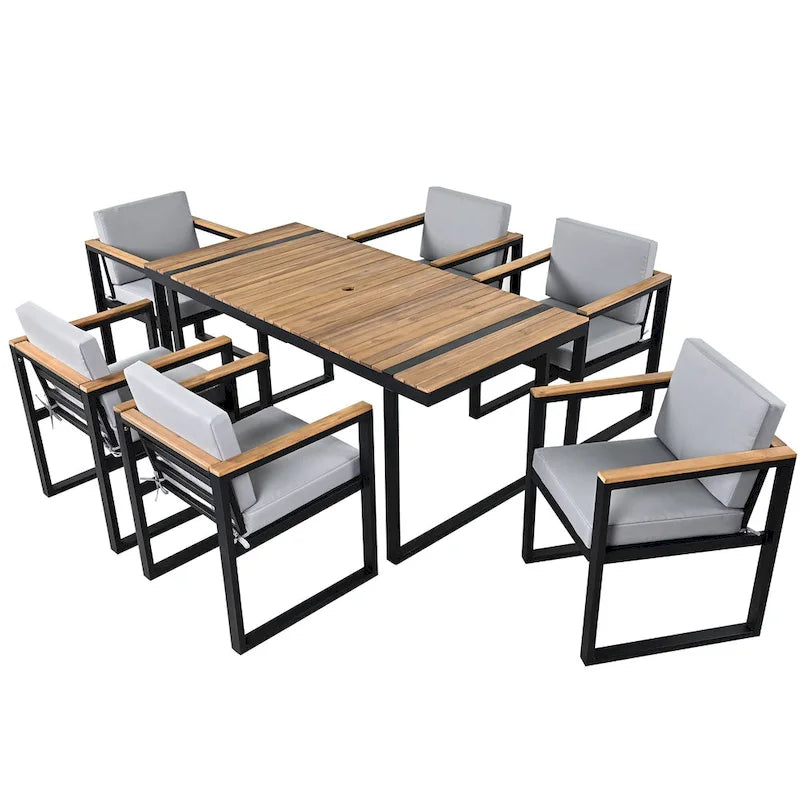 Ensemble de salle à manger d'extérieur en acier 7 pièces avec trou pour parasol et 6 fauteuils rembourrés