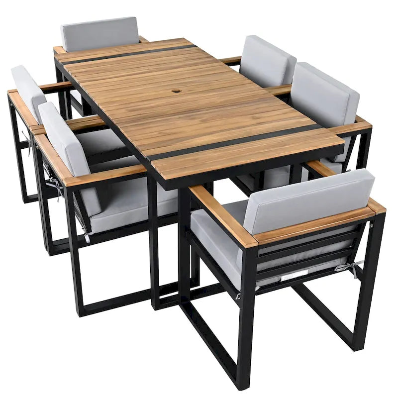 Ensemble de salle à manger d'extérieur en acier 7 pièces avec trou pour parasol et 6 fauteuils rembourrés