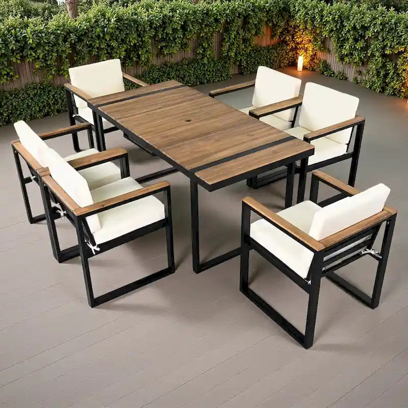 Ensemble de salle à manger d'extérieur en acier 7 pièces avec trou pour parasol et 6 fauteuils rembourrés